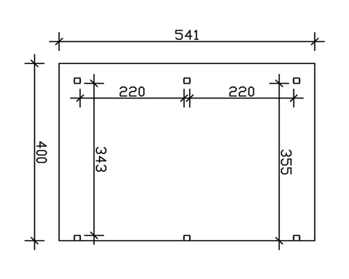 Technische Zeichnung mit Maßangaben für ein rechteckiges Objekt: 541 x 400 mm Außenmaße, innere vertikale Abstände 343 und 355 mm, horizontal 220 mm.