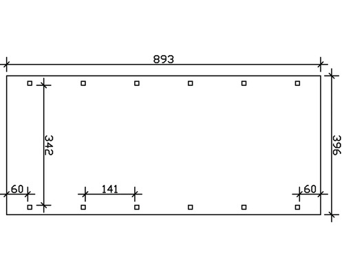 Technische Zeichnung mit Maßangaben für ein rechteckiges Produkt mit den Maßen 893 x 396 mm und mehreren Montagepunkten.