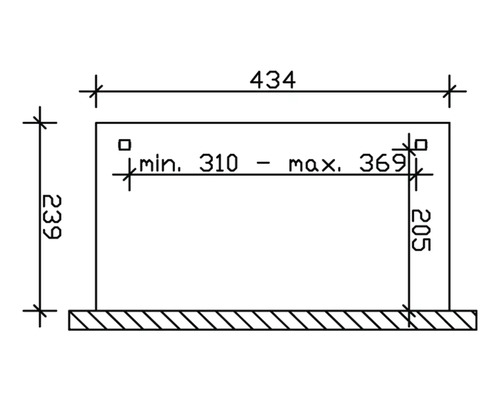 Technische Zeichnung mit Maßangaben für ein Produkt: Höhe 239, Breite 434, Tiefe minimal 310 bis maximal 369, Höhe 205.