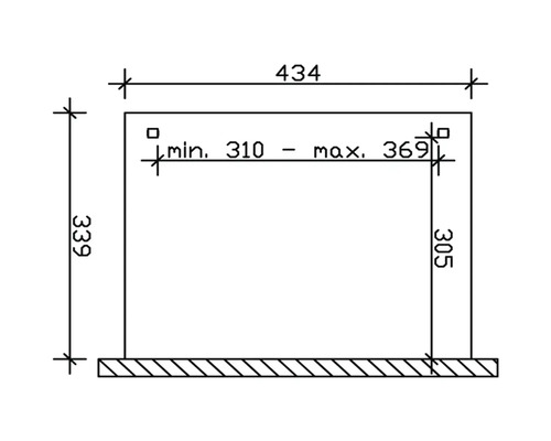 Technische Zeichnung mit Maßen für ein Produkt: 434, 339, minimal 310, maximal 369, 305