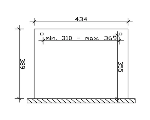 Technische Zeichnung mit Maßangaben: 434, 389, 355, minimal 310, maximal 369