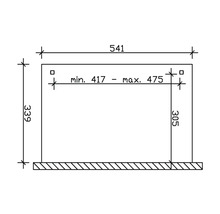 Technische Zeichnung mit Maßangaben: Gesamtbreite 541 mm, Höhe 339 mm, Stärke 305 mm und variabler Abstand zwischen 417 mm und 475 mm.