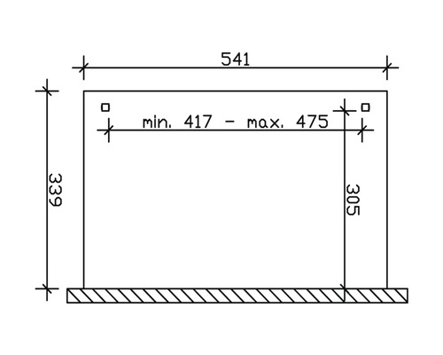 Technische Zeichnung mit Maßangaben: Gesamtbreite 541 mm, Höhe 339 mm, Stärke 305 mm und variabler Abstand zwischen 417 mm und 475 mm.