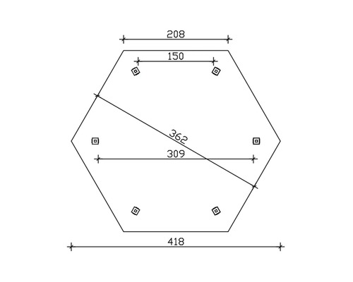 Technische Zeichnung eines Sechsecks mit Maßangaben