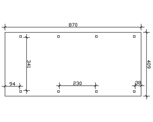 Technische Zeichnung mit Maßangaben: 870 x 409 Millimeter, Lochabstände von 230 und 341 Millimetern.