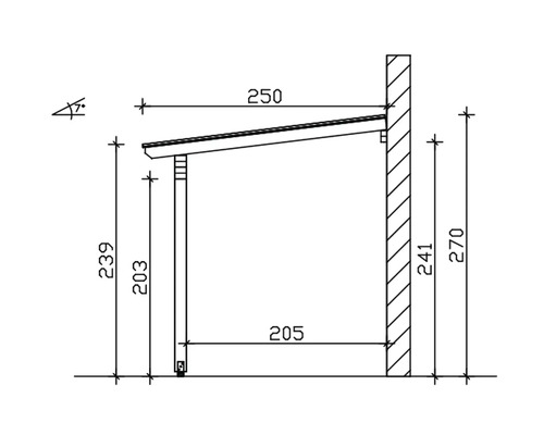 Technische Zeichnung eines Unterstandes mit Maßen.