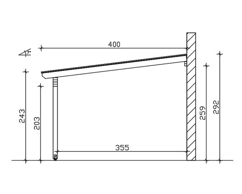Technische Zeichnung eines Anlehngewächshauses mit Maßangaben