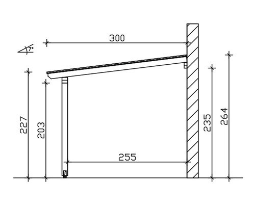 Technische Zeichnung einer Holzüberdachung mit Maßangaben