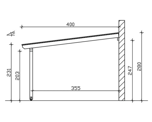 Technische Zeichnung einer Überdachung mit Maßangaben