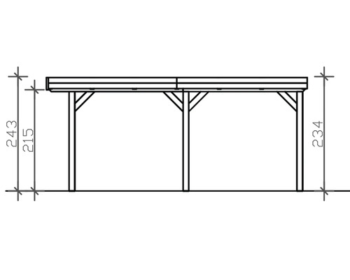 Technische Zeichnung eines Carports mit Höhenangaben in Zentimetern