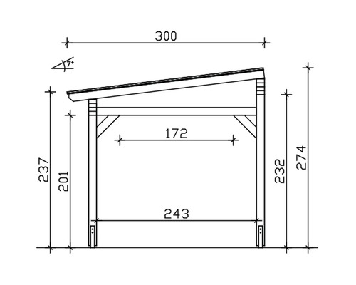 Technische Zeichnung einer Holzkonstruktion mit Maßangaben