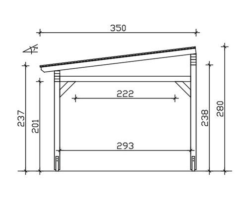 Technische Zeichnung eines Carports mit Maßangaben.