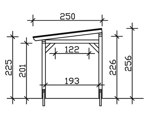 Technische Zeichnung eines Unterstandes mit Maßangaben