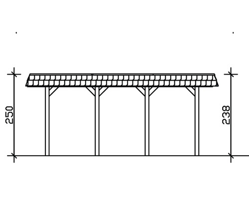 Skizze eines Holzpavillons mit Maßangaben.