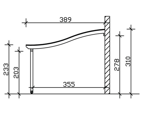 Technische Zeichnung eines Vordachs mit Maßangaben.