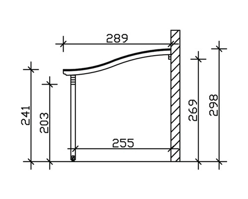 Technische Zeichnung einer Markise mit Maßen
