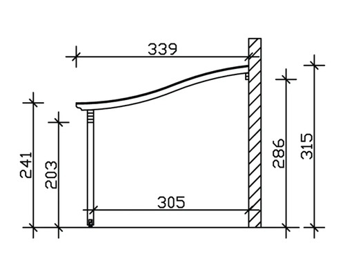 Technische Zeichnung einer Markise mit Maßangaben.