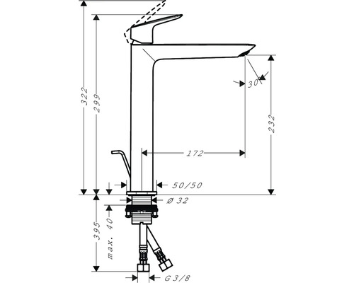 Technische Zeichnung eines Wasserhahns mit Maßangaben