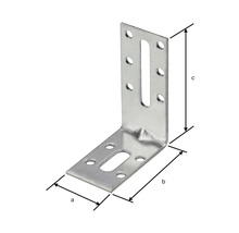 Winkelverbinder aus Metall mit mehreren Löchern und Maßangaben