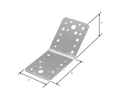 Winkelverbinder aus Metall mit Löchern und Maßangaben a, b und c