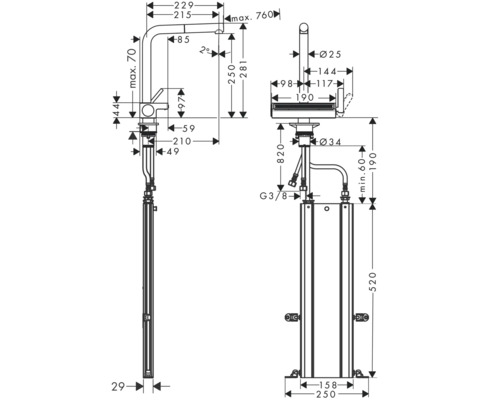 Technische Zeichnung einer Armatur mit Maßangaben