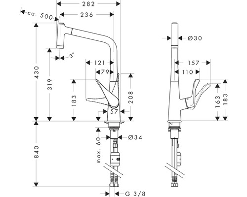 Technische Zeichnung einer Küchenarmatur mit Maßen