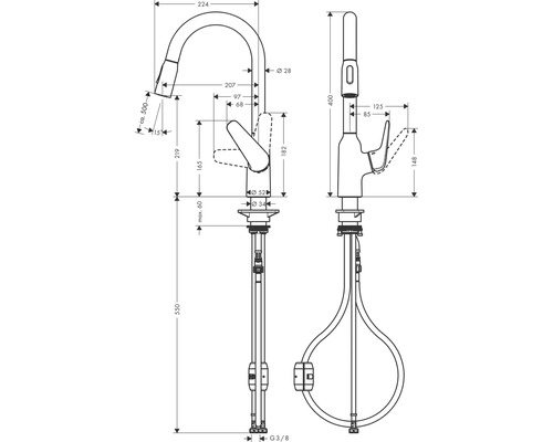 Technische Zeichnung einer Küchenarmatur mit Maßen