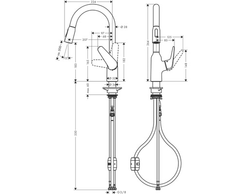 Technische Zeichnung einer Küchenarmatur mit Maßangaben