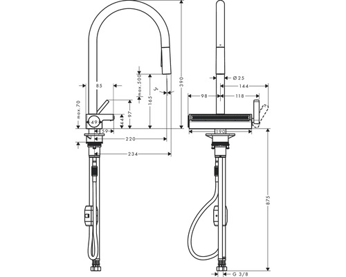 Technische Zeichnung einer Küchenarmatur mit Maßen
