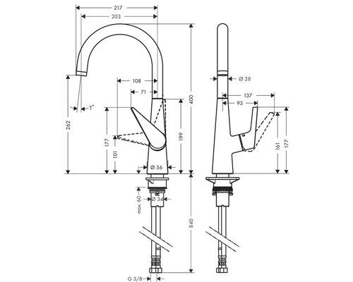Technische Zeichnung einer Armatur mit Maßangaben
