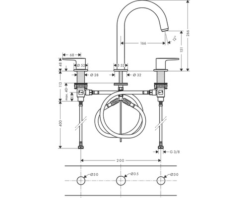 Technische Zeichnung einer Küchenarmatur mit Maßangaben