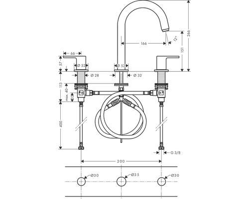 Technische Zeichnung einer Küchenarmatur mit Maßen