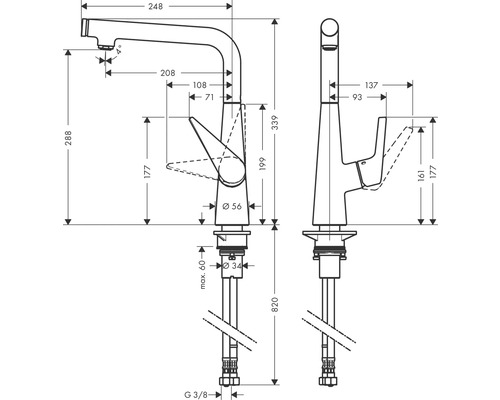 Maßzeichnung einer Armatur mit allen relevanten Maßen.