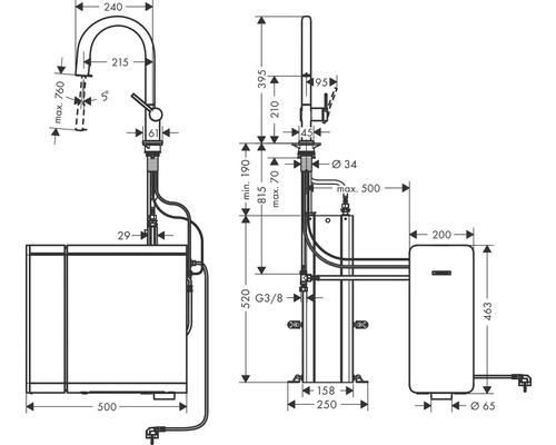 Maßzeichnung einer Spültischarmatur mit Boiler und den dazugehörigen Maßen