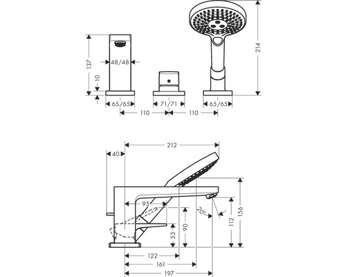 Technische Zeichnung einer Badewannenarmatur mit Handbrause und Maßangaben.