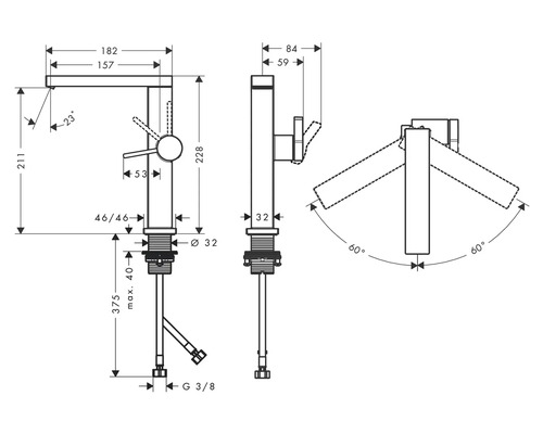Technische Zeichnung einer Armatur mit Maßangaben