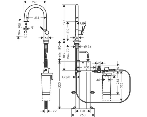 Technische Zeichnung einer Küchenarmatur mit Wasserfiltersystem und Maßangaben