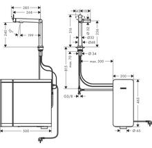 Technische Zeichnung eines Waschbeckens mit Armatur und Warmwasserbereiter mit Maßangaben.