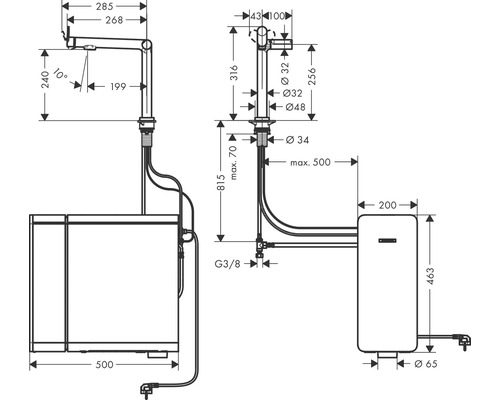 Technische Zeichnung eines Waschbeckens mit Armatur und Warmwasserbereiter mit Maßangaben.