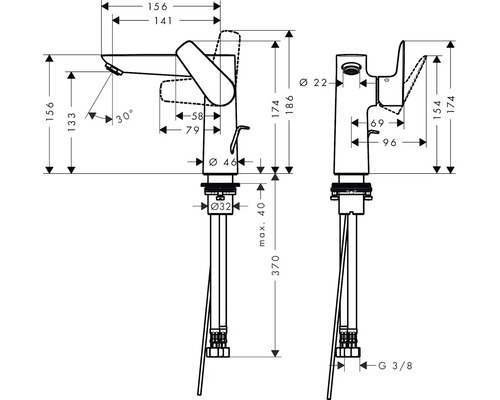 Technische Zeichnung eines Wasserhahns mit Maßangaben