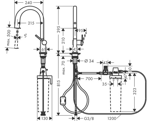 Maßzeichnung einer Küchenarmatur mit Wasserfilter und den dazugehörigen Maßen.