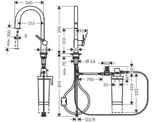 Technische Zeichnung einer Küchenarmatur mit Wasserfilter und Maßangaben.