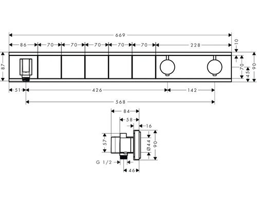 Technische Zeichnung eines Badezimmeraccessoires mit Maßangaben.