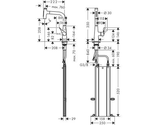Maßzeichnung einer Waschtischarmatur