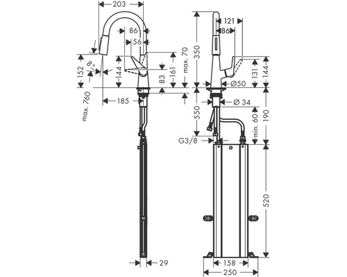 Technische Zeichnung einer freistehenden Armatur mit Maßangaben.