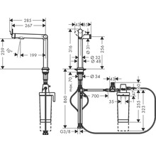 Technische Zeichnung eines Wasserhahn-Installationssystems mit Maßangaben.
