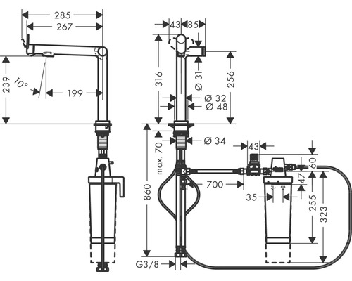 Technische Zeichnung eines Wasserhahn-Installationssystems mit Maßangaben.