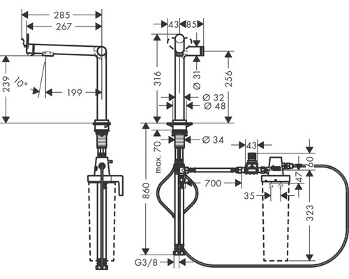 Technische Zeichnung eines Wasserhahns mit Maßangaben