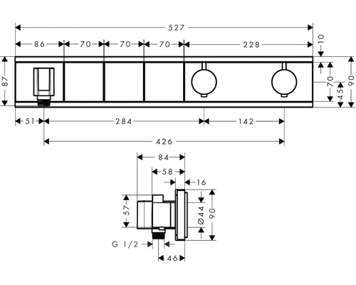 Maßzeichnung für eine Badarmatur mit Maßen