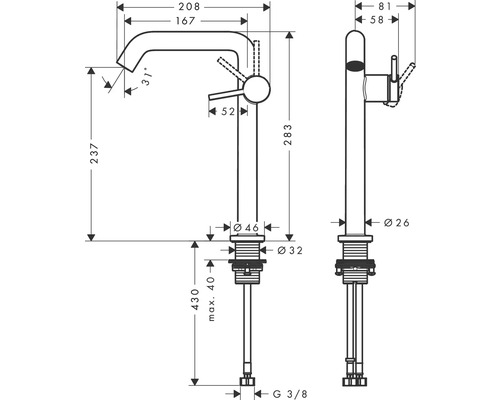 Technische Zeichnung einer Armatur mit Maßangaben